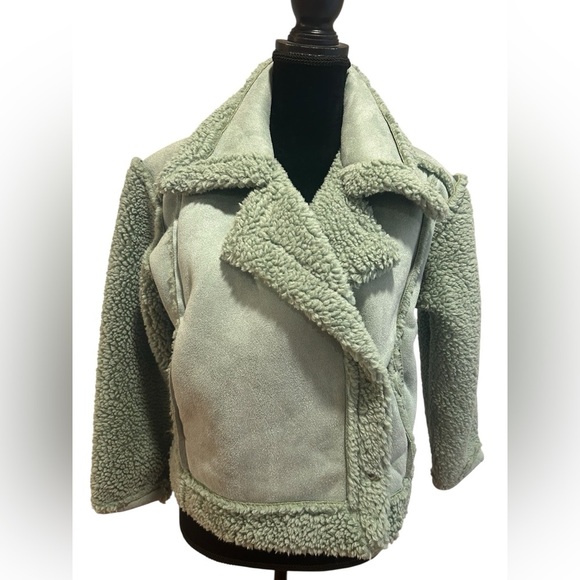 Sage green teddy Sherpa moto Jacket Sz S - Picture 1 of 5